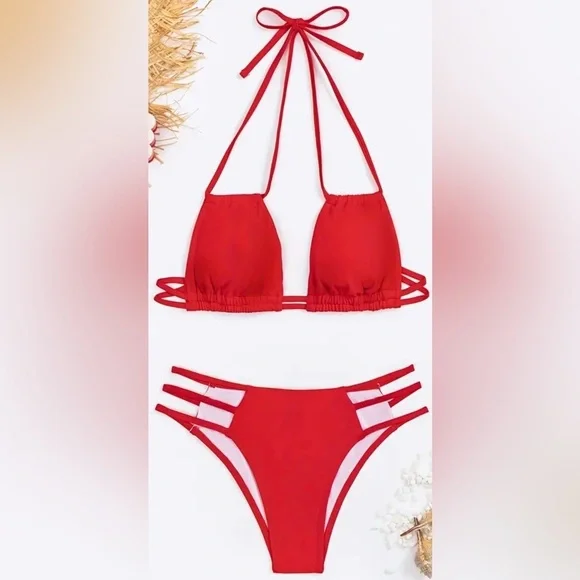 Red Halter Cut Out Bikini Set - Picture 4 of 9